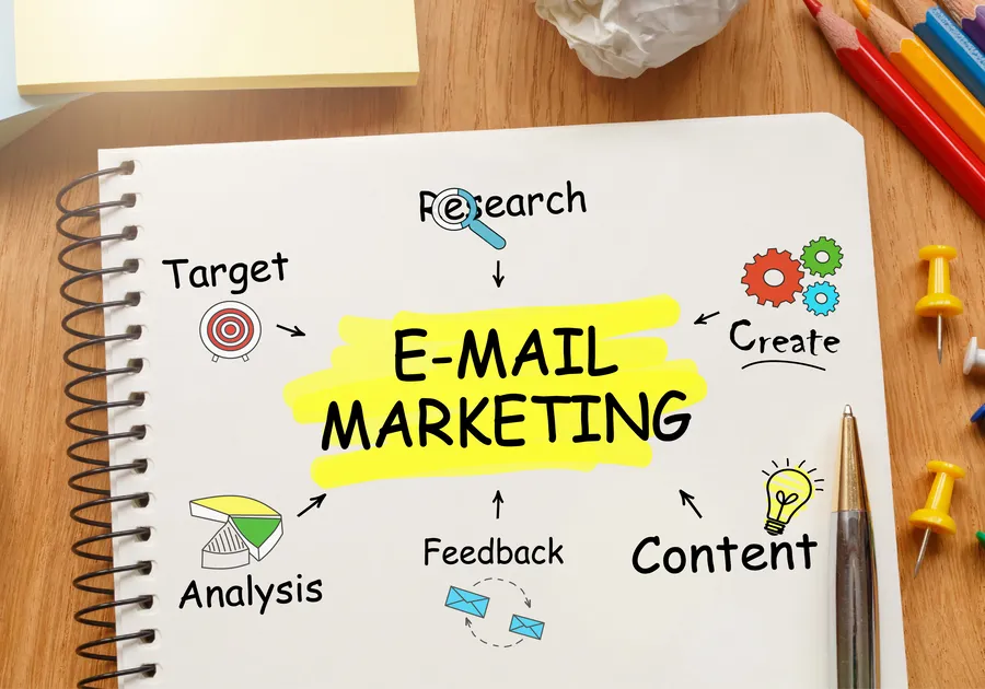 notebook with toolls notes about e mail marketing conceptop Email marketing company